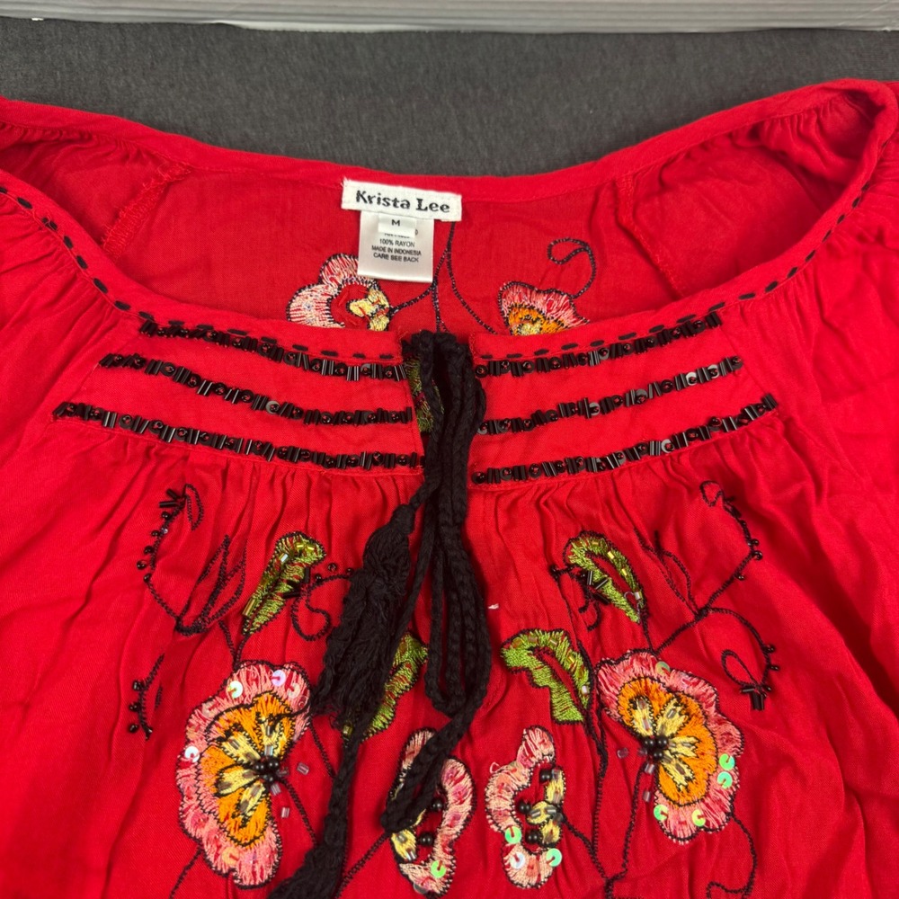 Krista Lee Red‎ Floral Embroidered Sequin Tunic Top Boho Rayon Blouse Womens M